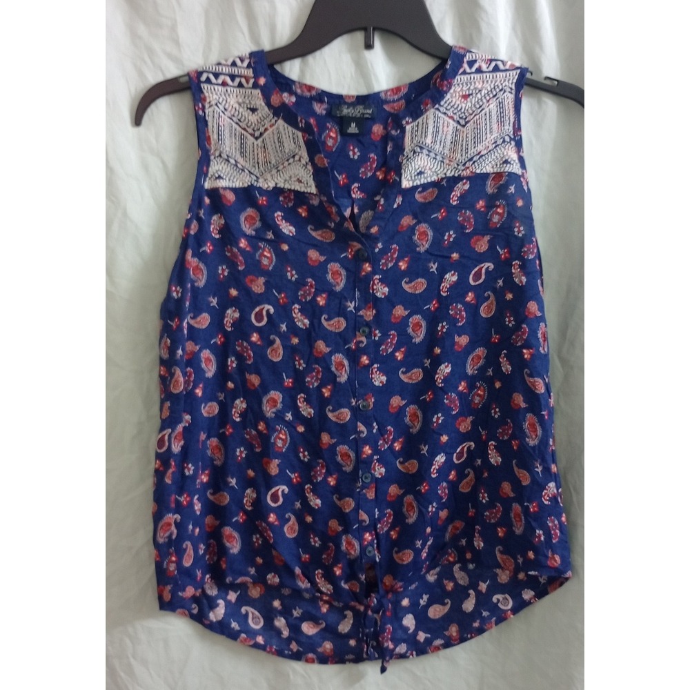 Lucky Brand Womens Navy Blue Paisley Sleeveless Button Front Tie Hem Blouse M - Picture 1 of 5